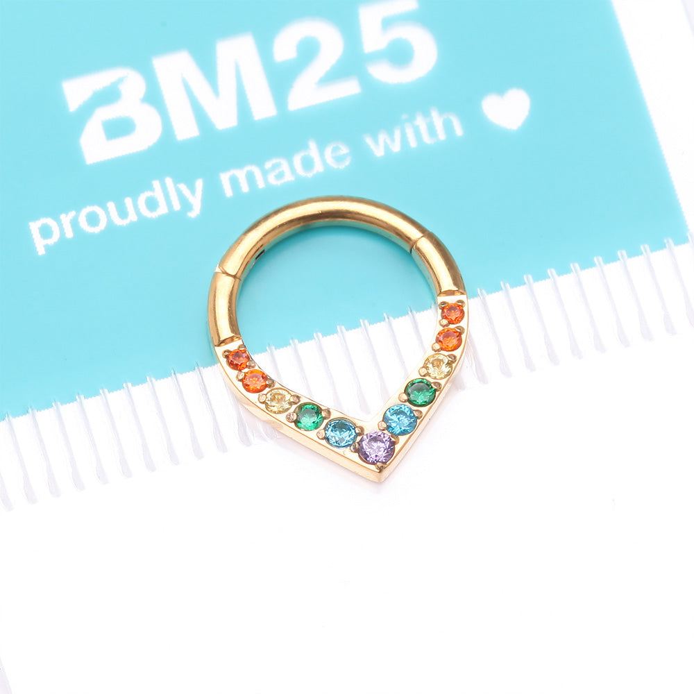 Detail View 4 of Pure24K Implant Grade Titanium Sparkle Chevron Teardrop Clicker Hoop Ring-Rainbow/Assorted Gem