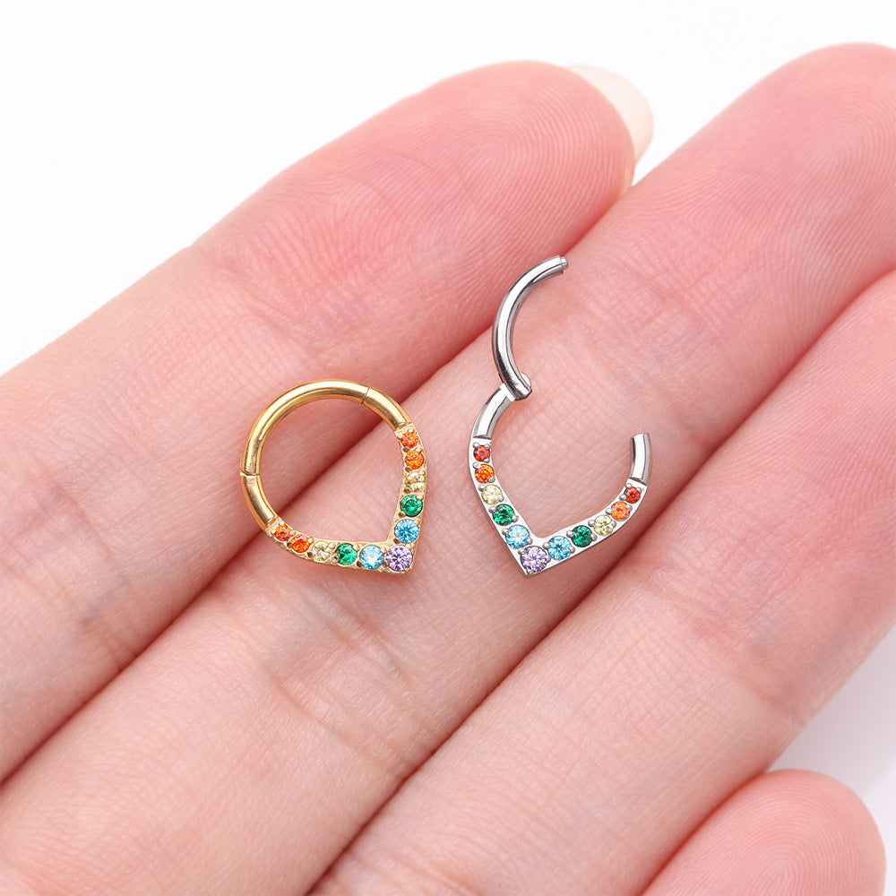 Detail View 3 of Pure24K Implant Grade Titanium Sparkle Chevron Teardrop Clicker Hoop Ring-Rainbow/Assorted Gem