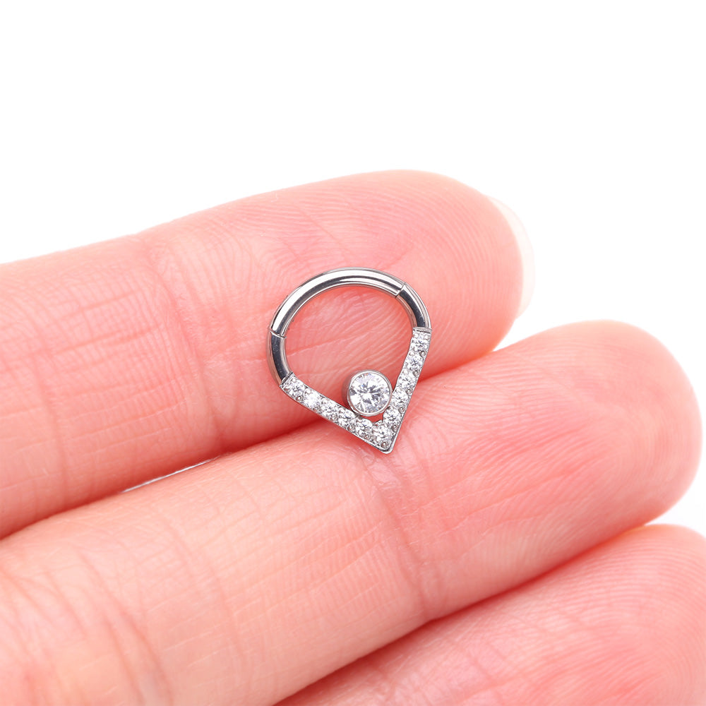 Detail View 2 of Implant Grade Titanium Sparkle Lined Center Gem Clicker Hoop Ring-Clear Gem