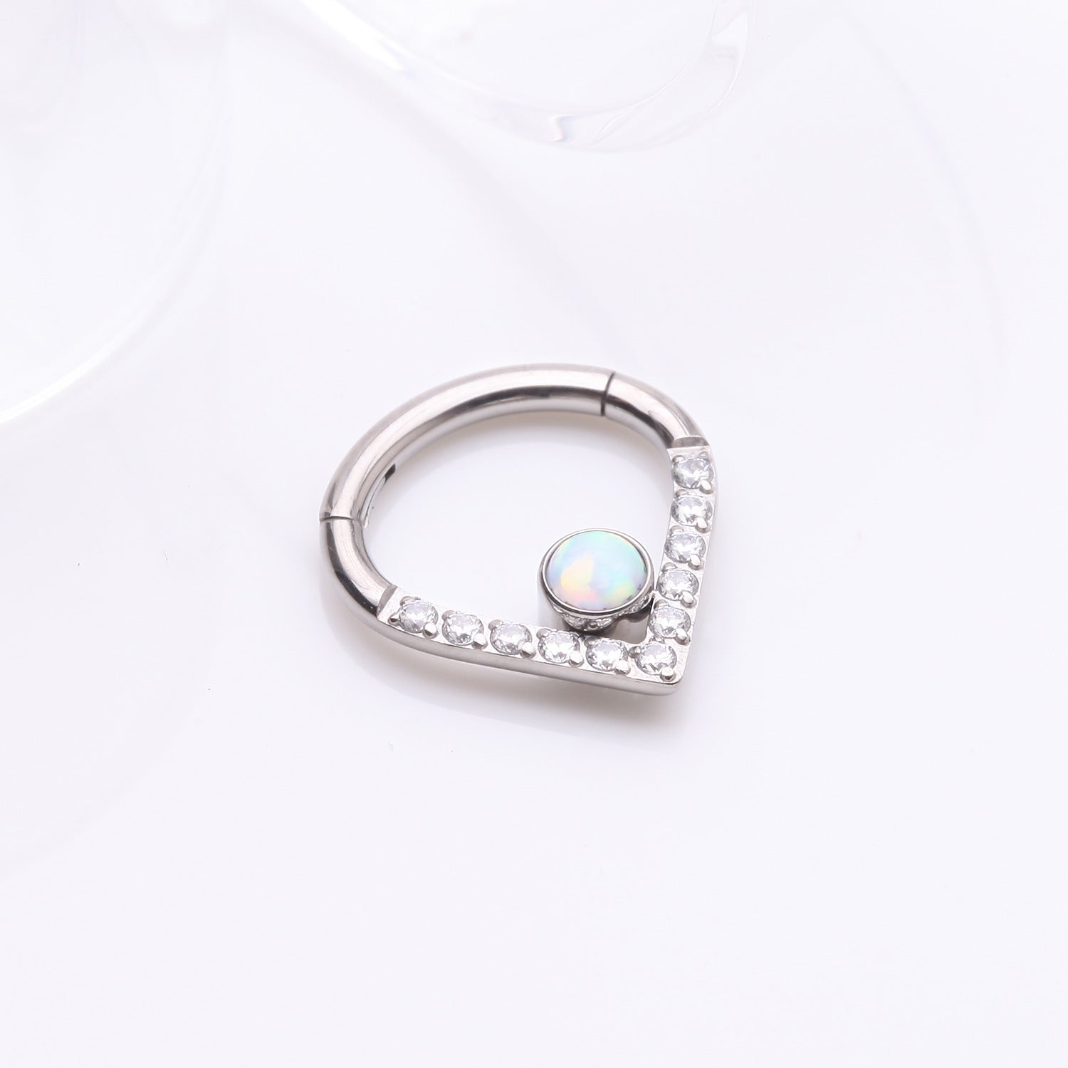 Detail View 1 of Implant Grade Titanium Sparkle Lined Center Fire Opal Clicker Hoop Ring-Clear Gem/White Opal