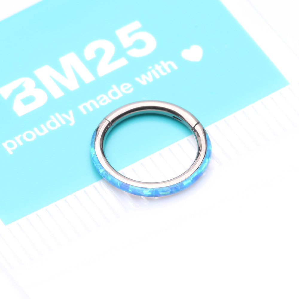 Detail View 4 of Implant Grade Titanium Brilliant Fire Opal Lined Seamless Clicker Hoop Ring-Blue Opal