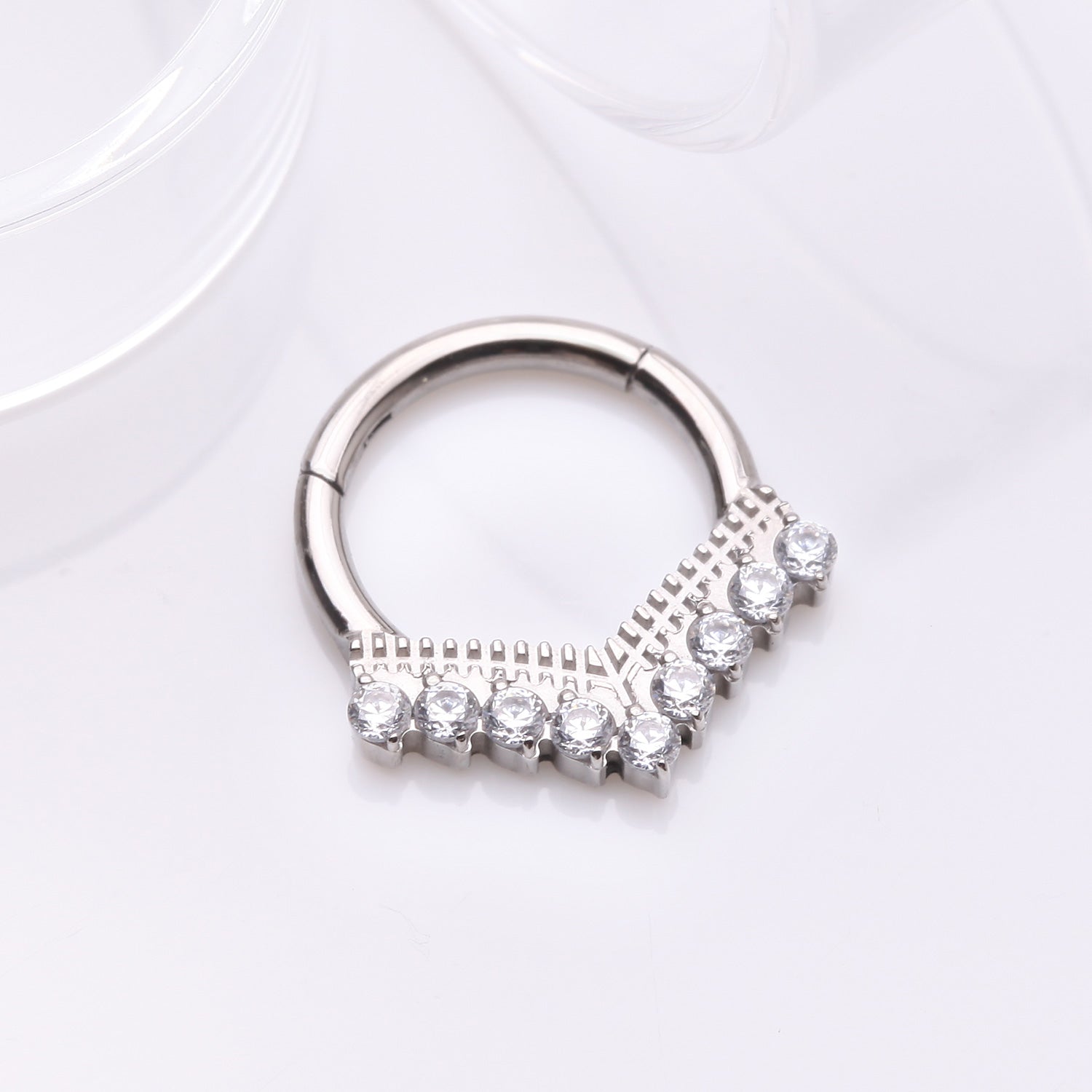 Detail View 1 of Implant Grade Titanium Majestic Chevron Sparkle Clicker Hoop Ring-Clear Gem
