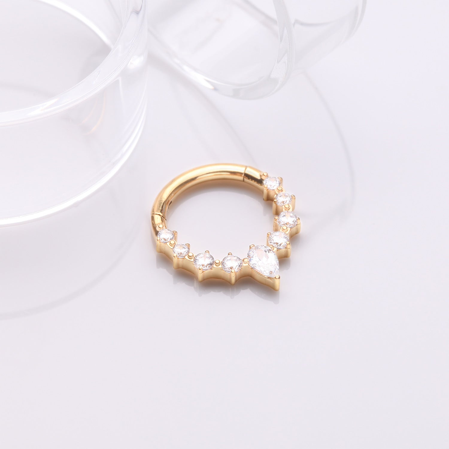 Detail View 1 of Pure24K Implant Grade Titanium Goddess Prong Teardrop Sparkle Clicker Hoop Ring-Clear Gem