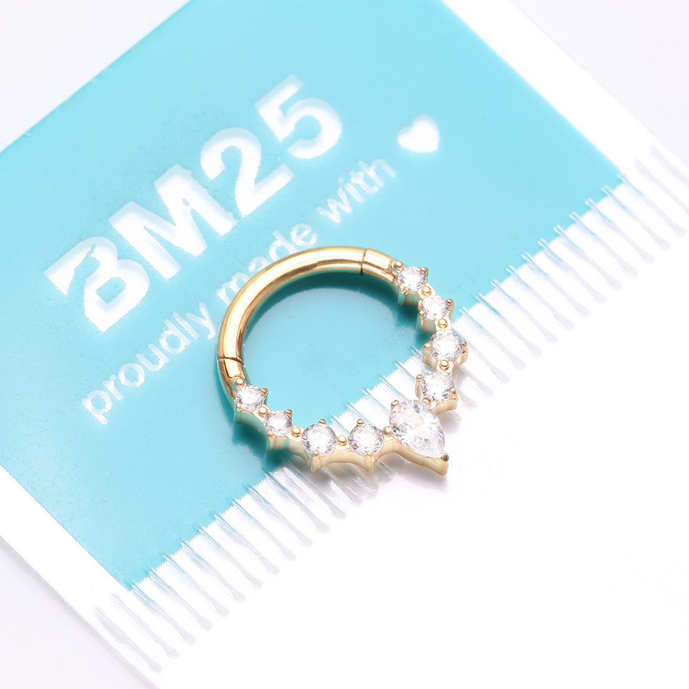 Detail View 3 of Pure24K Implant Grade Titanium Goddess Prong Teardrop Sparkle Clicker Hoop Ring-Clear Gem