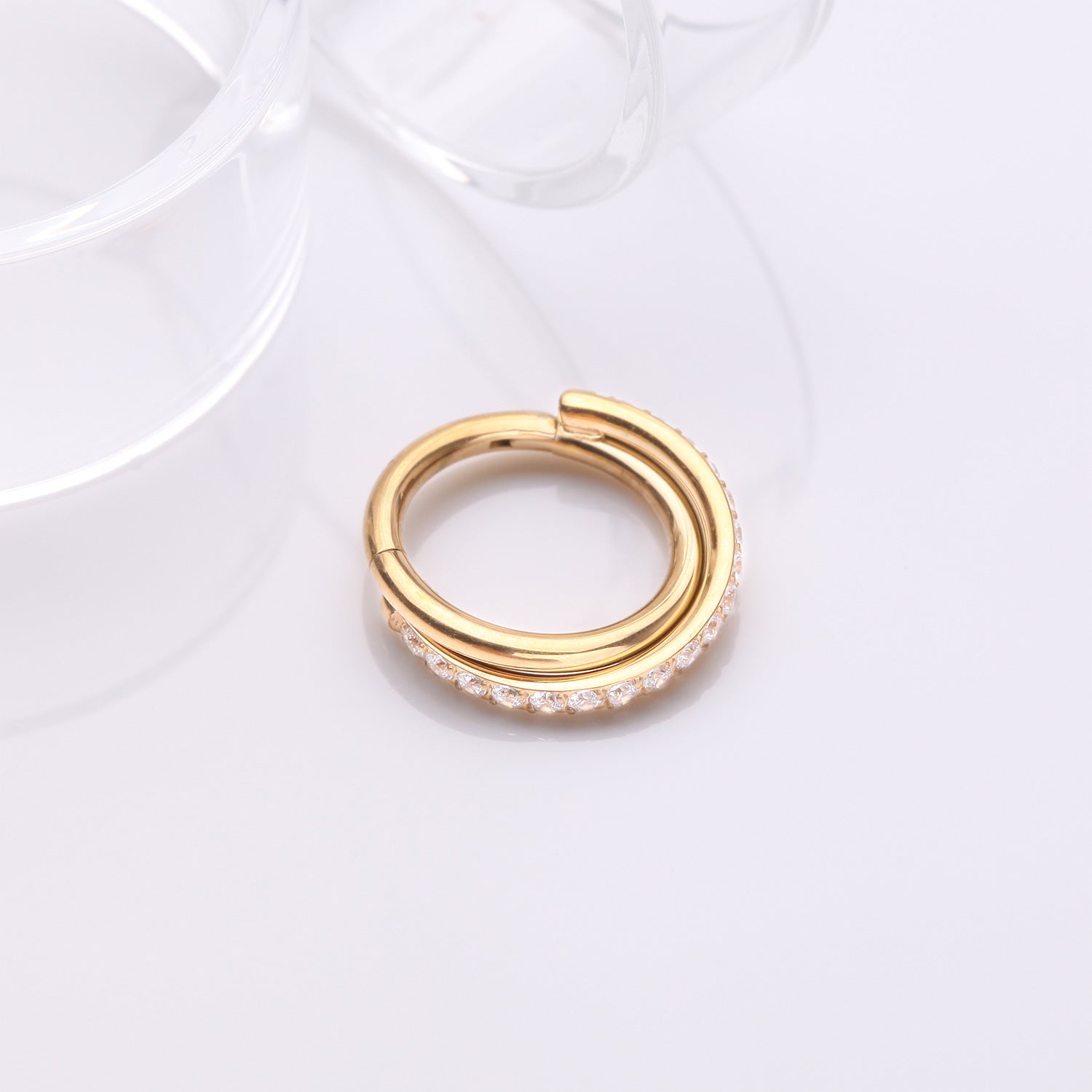 Detail View 1 of Pure24K Implant Grade Titanium Double Crossing Layer Sparkle Clicker Hoop Ring-Clear Gem