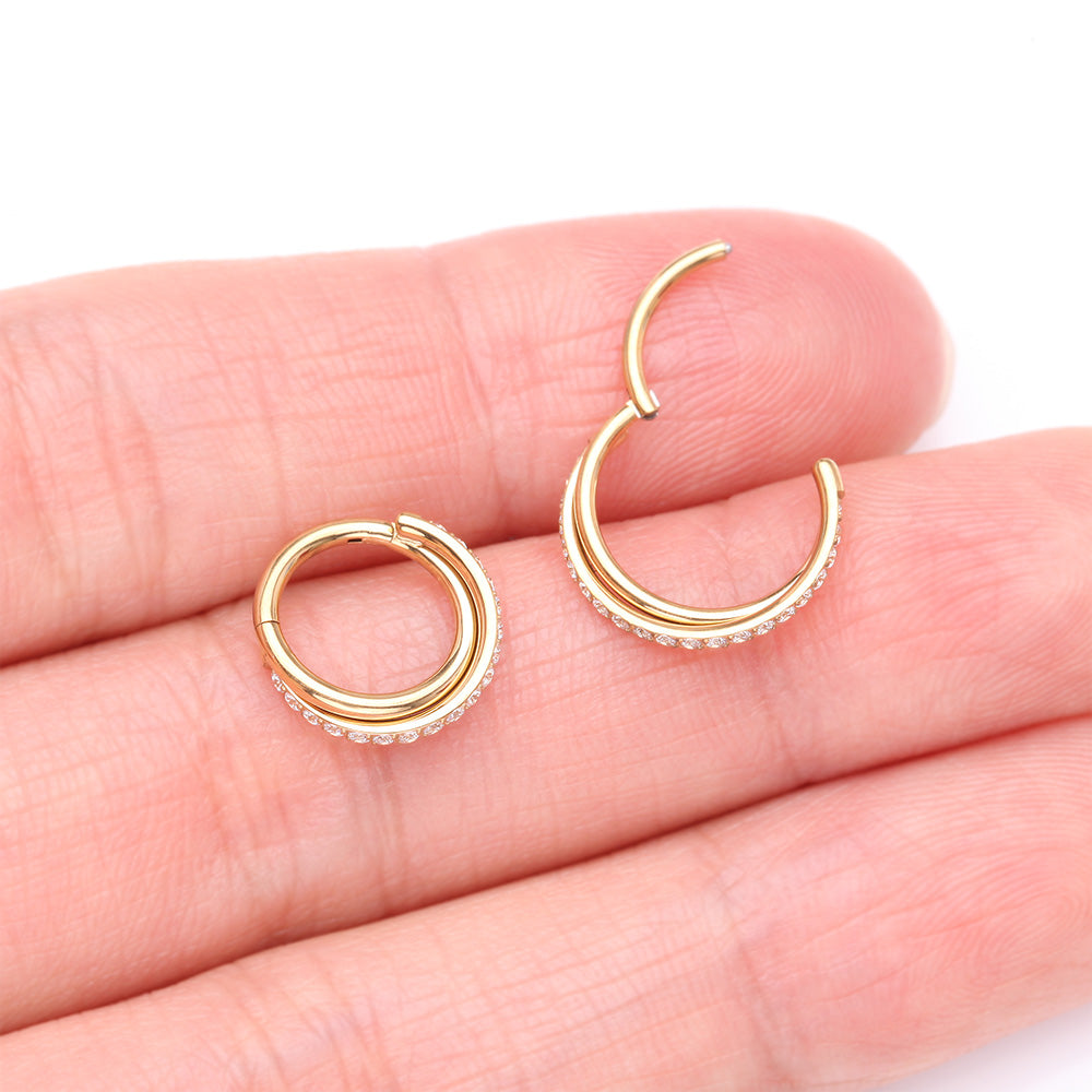 Detail View 3 of Pure24K Implant Grade Titanium Double Crossing Layer Sparkle Clicker Hoop Ring-Clear Gem