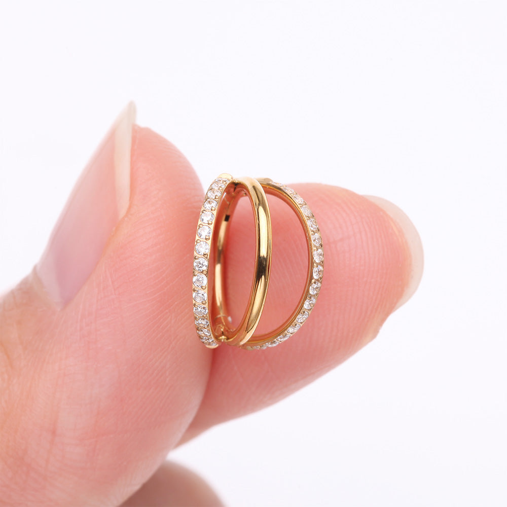 Detail View 2 of Pure24K Implant Grade Titanium Triple Loop Sparkle Clicker Hoop Ring-Clear Gem