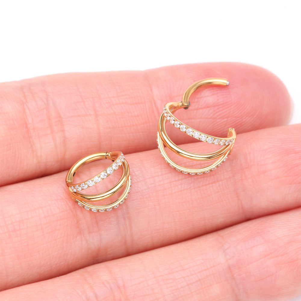 Detail View 3 of Pure24K Implant Grade Titanium Triple Loop Sparkle Clicker Hoop Ring-Clear Gem