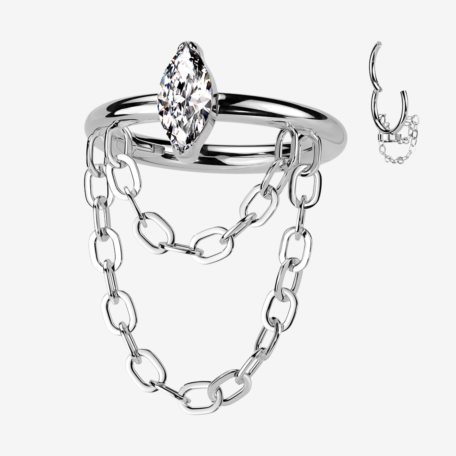 Implant Grade Titanium Double Chained Marquise Sparkle Clicker Hoop Ring-Clear Gem