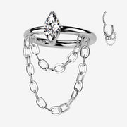 Implant Grade Titanium Double Chained Marquise Sparkle Clicker Hoop Ring
