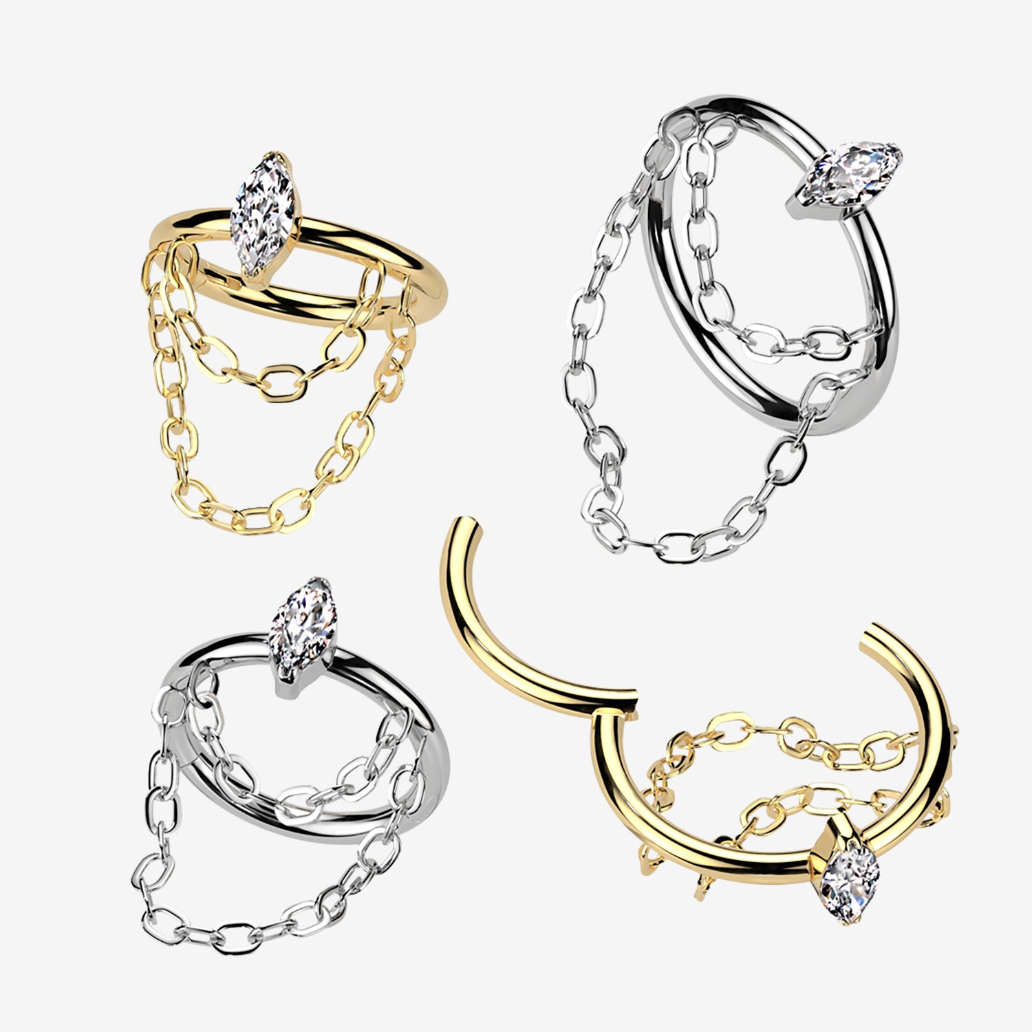 Detail View 1 of Implant Grade Titanium Double Chained Marquise Sparkle Clicker Hoop Ring-Clear Gem