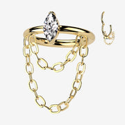 Implant Grade Titanium Golden Double Chained Marquise Sparkle Clicker Hoop Ring