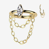 Implant Grade Titanium Golden Double Chained Marquise Sparkle Clicker Hoop Ring-Clear Gem
