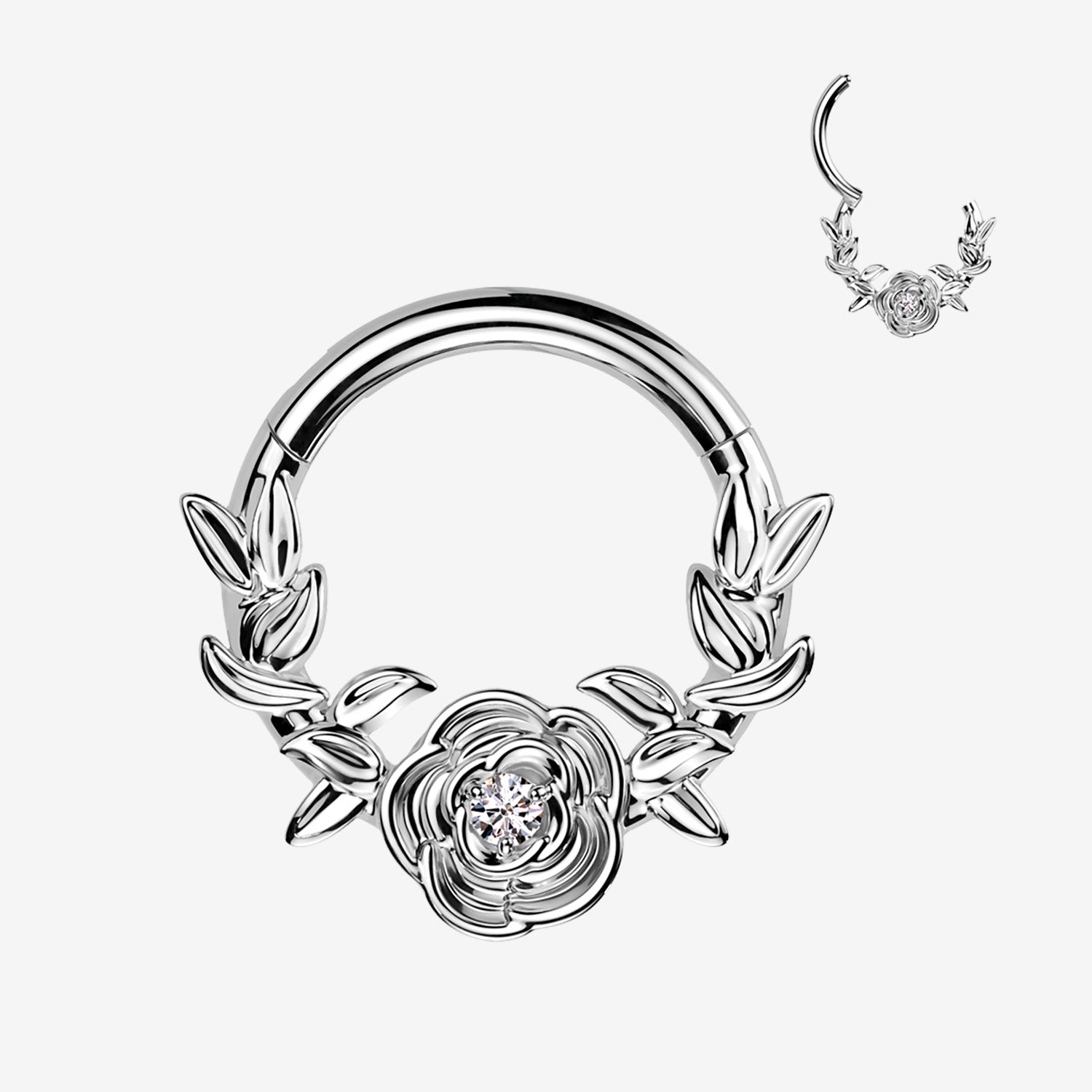 Implant Grade Titanium Vintage Rose and Vines Clicker Hoop Ring