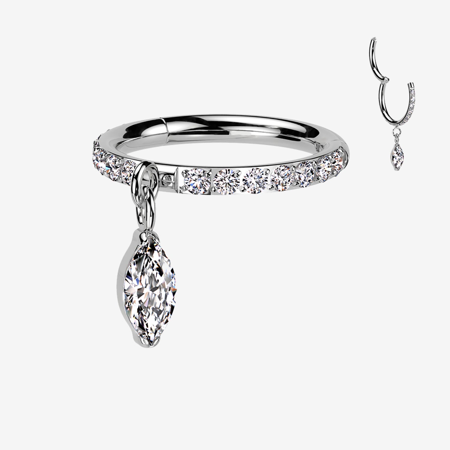 Implant Grade Titanium Marquise Sparkle Dangle Gem Lined Clicker Hoop Ring-Clear Gem