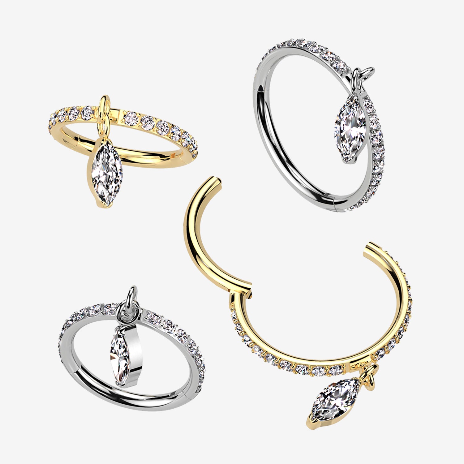 Detail View 1 of Implant Grade Titanium Marquise Sparkle Dangle Gem Lined Clicker Hoop Ring-Clear Gem