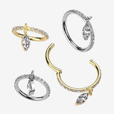 Detail View 1 of Implant Grade Titanium Marquise Sparkle Dangle Gem Lined Clicker Hoop Ring-Clear Gem