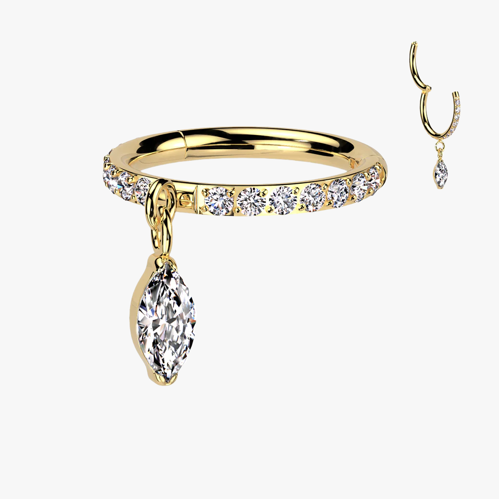 Implant Grade Titanium Golden Marquise Sparkle Dangle Gem Lined Clicker Hoop Ring