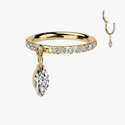 Implant Grade Titanium Golden Marquise Sparkle Dangle Gem Lined Clicker Hoop Ring