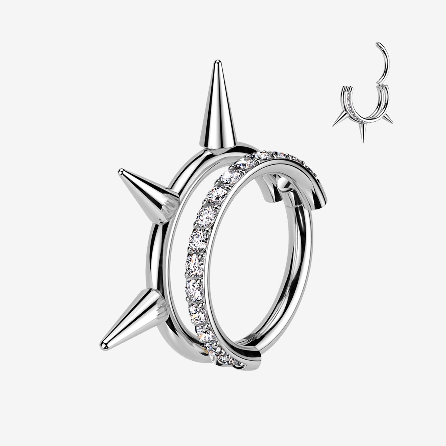 Implant Grade Titanium Triple Spike Gem Lined Clicker Hoop Ring-Clear Gem