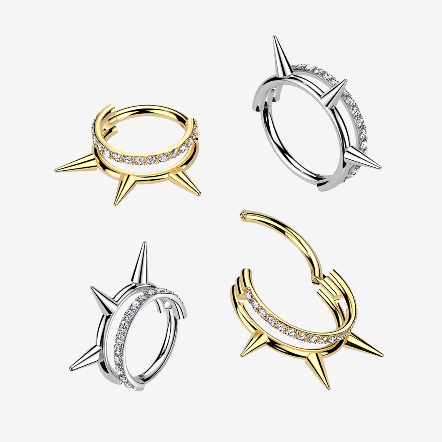 Detail View 1 of Implant Grade Titanium Triple Spike Gem Lined Clicker Hoop Ring-Clear Gem