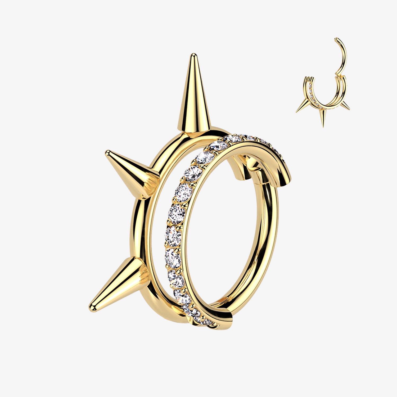 Implant Grade Titanium Golden Triple Spike Gem Lined Clicker Hoop Ring-Clear Gem