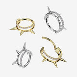 Detail View 1 of Implant Grade Titanium Golden Triple Spike Gem Lined Clicker Hoop Ring-Clear Gem