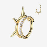 Implant Grade Titanium Golden Triple Spike Gem Lined Clicker Hoop Ring