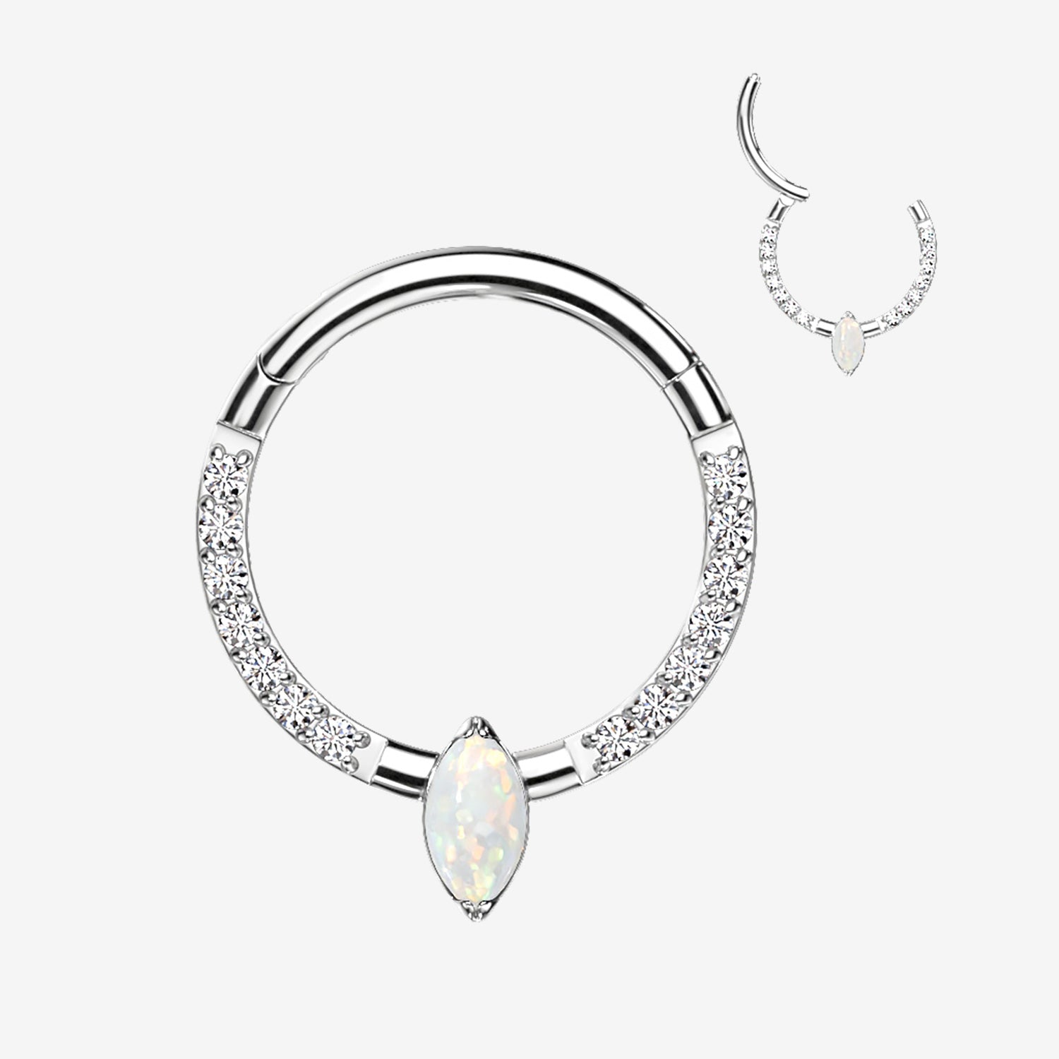 Implant Grade Titanium Marquise Sparkle Fire Opal Lined Clicker Hoop Ring-White Opal