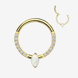 Implant Grade Titanium Golden Marquise Sparkle Fire Opal Lined Clicker Hoop Ring-White Opal