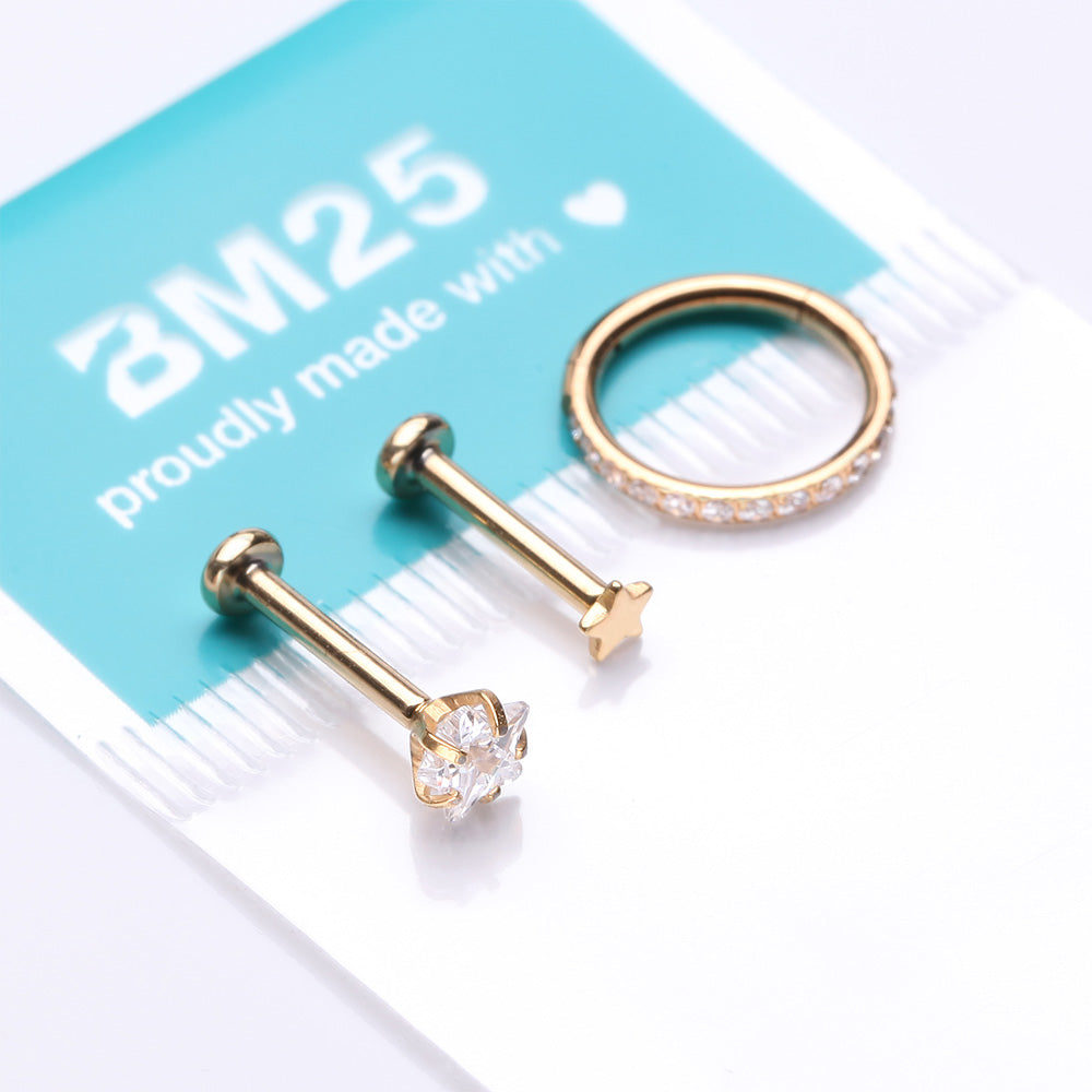 Detail View 2 of 3 Pcs of Assorted Dainty Stars Pure24K Titanium Stud & Clicker Package
