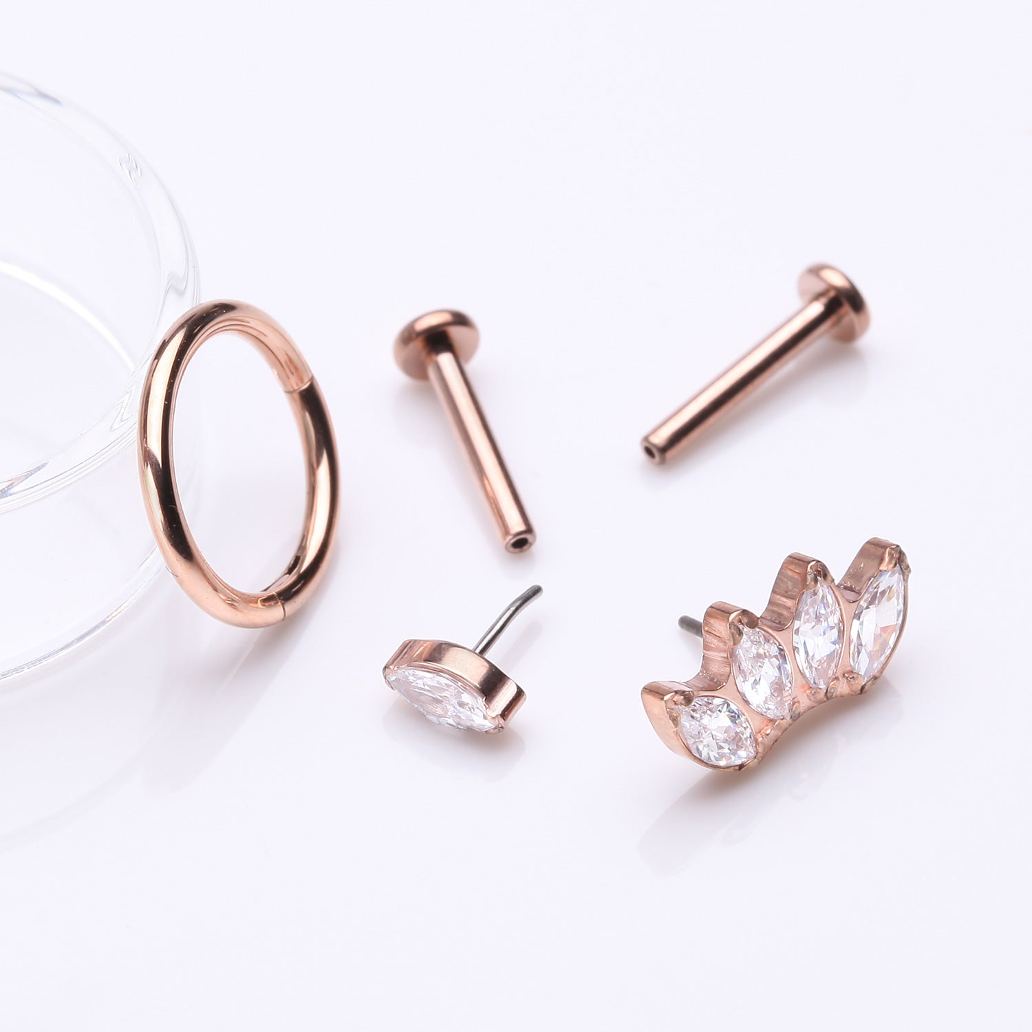 Detail View 1 of 3 Pcs of Assorted Titanium Rose Gold Brilliant Marquise Stud & Clicker Package