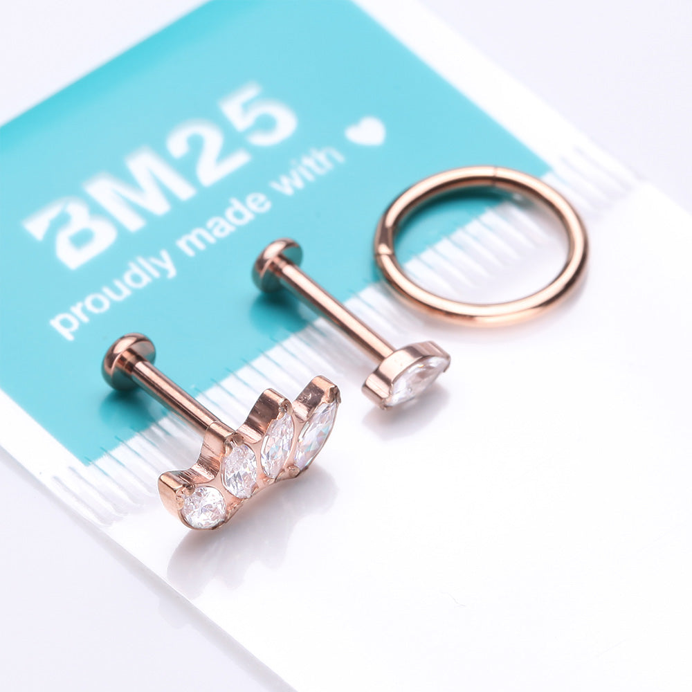 Detail View 2 of 3 Pcs of Assorted Titanium Rose Gold Brilliant Marquise Stud & Clicker Package