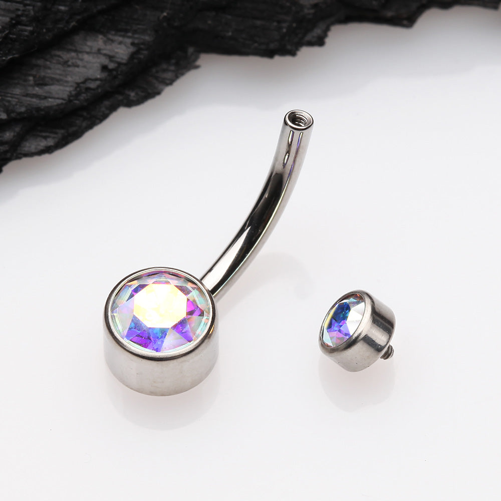 Detail View 3 of Implant Grade Titanium Internally Threaded Bezel Set Gem Belly Button Ring-Aurora Borealis