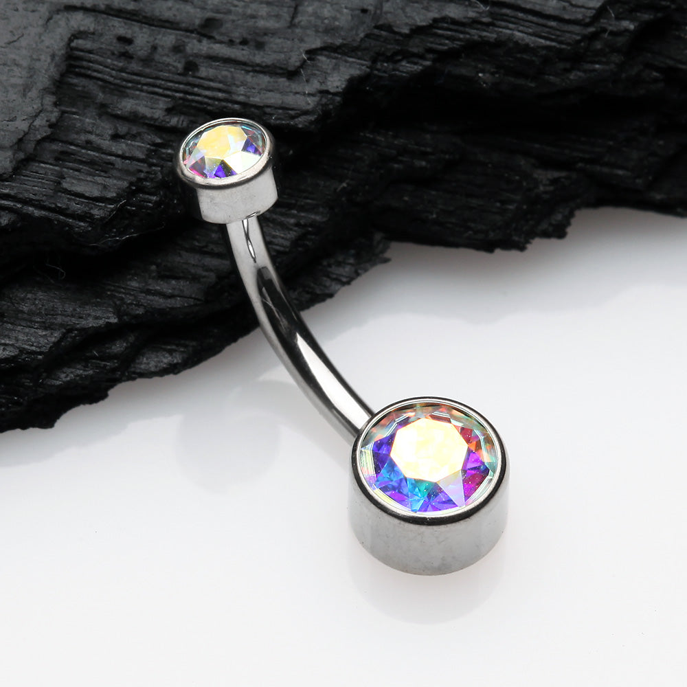 Detail View 2 of Implant Grade Titanium Internally Threaded Bezel Set Gem Belly Button Ring-Aurora Borealis