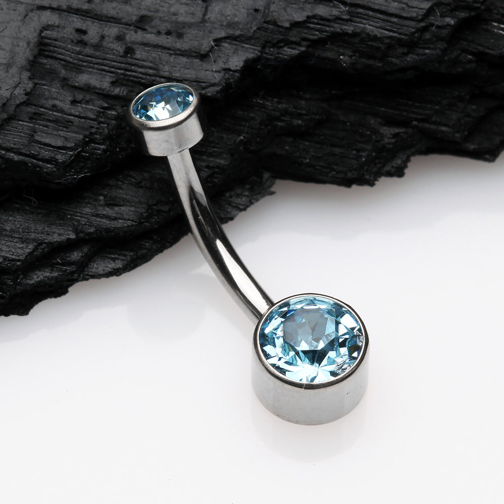 Detail View 2 of Implant Grade Titanium Internally Threaded Bezel Set Gem Belly Button Ring-Aqua