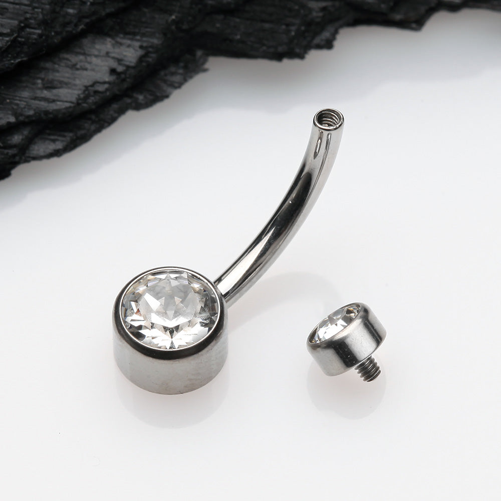 Detail View 3 of Implant Grade Titanium Internally Threaded Bezel Set Gem Belly Button Ring-Clear Gem