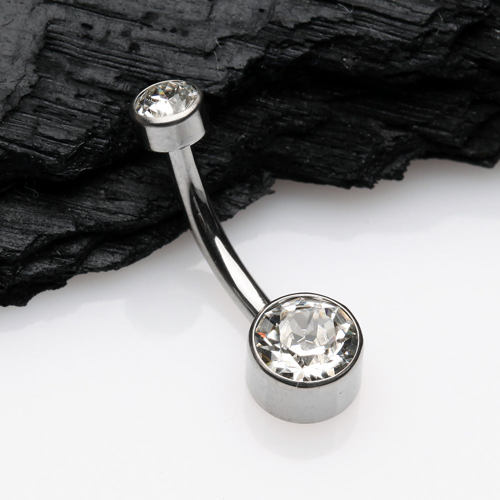 Detail View 2 of Implant Grade Titanium Internally Threaded Bezel Set Gem Belly Button Ring-Clear Gem