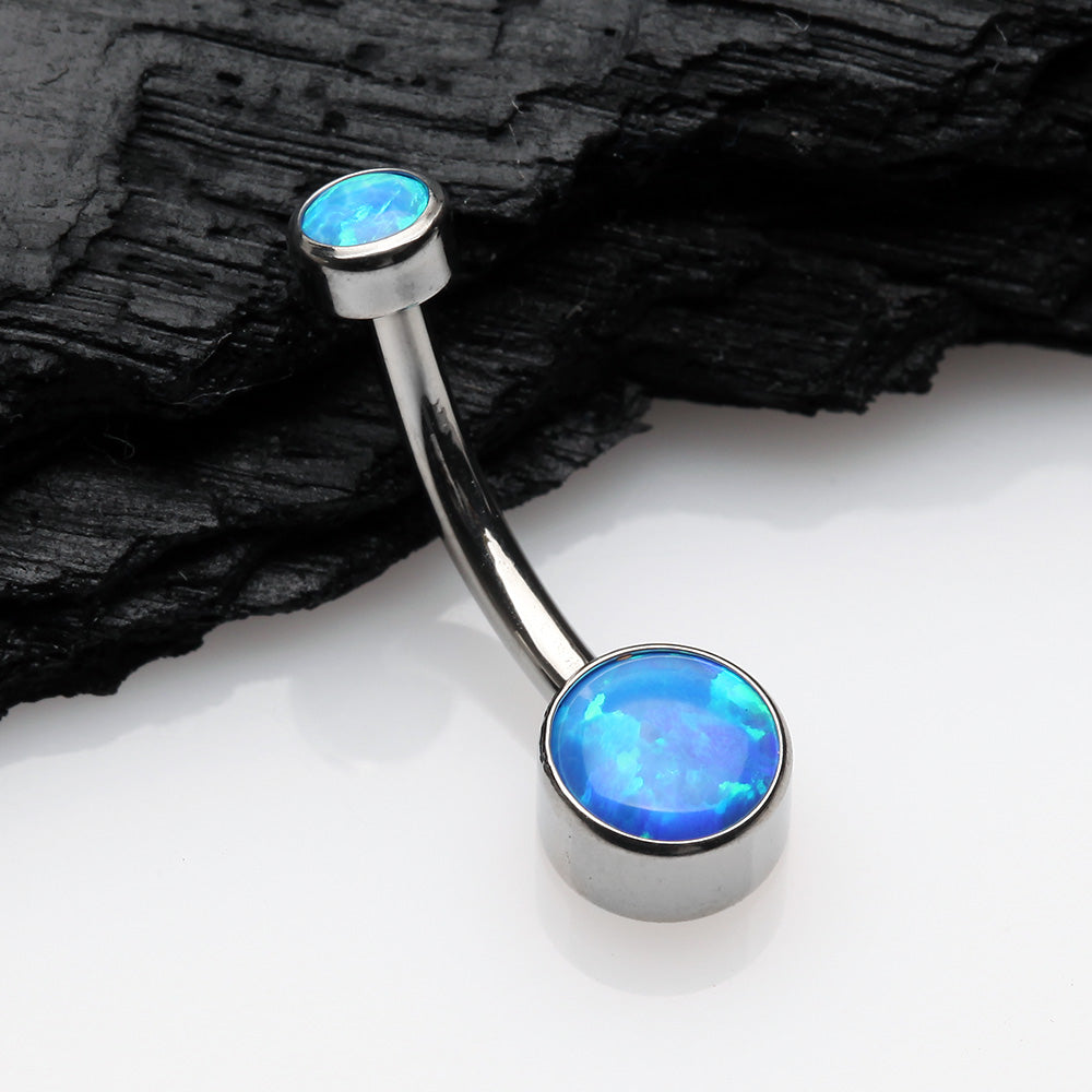 Detail View 2 of Implant Grade Fire Opal Titanium Internally Threaded Bezel Set Belly Button Ring-Blue