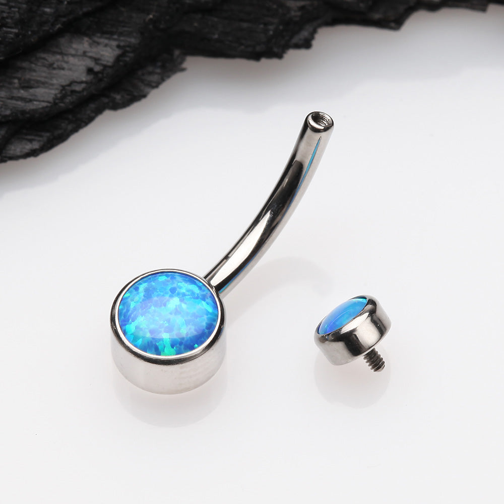 Detail View 3 of Implant Grade Fire Opal Titanium Internally Threaded Bezel Set Belly Button Ring-Blue
