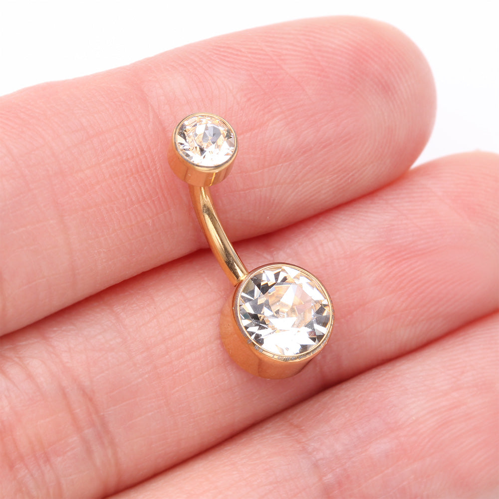 Detail View 3 of Implant Grade Titanium Golden Internally Threaded Bezel Set Gem Belly Button Ring-Clear Gem