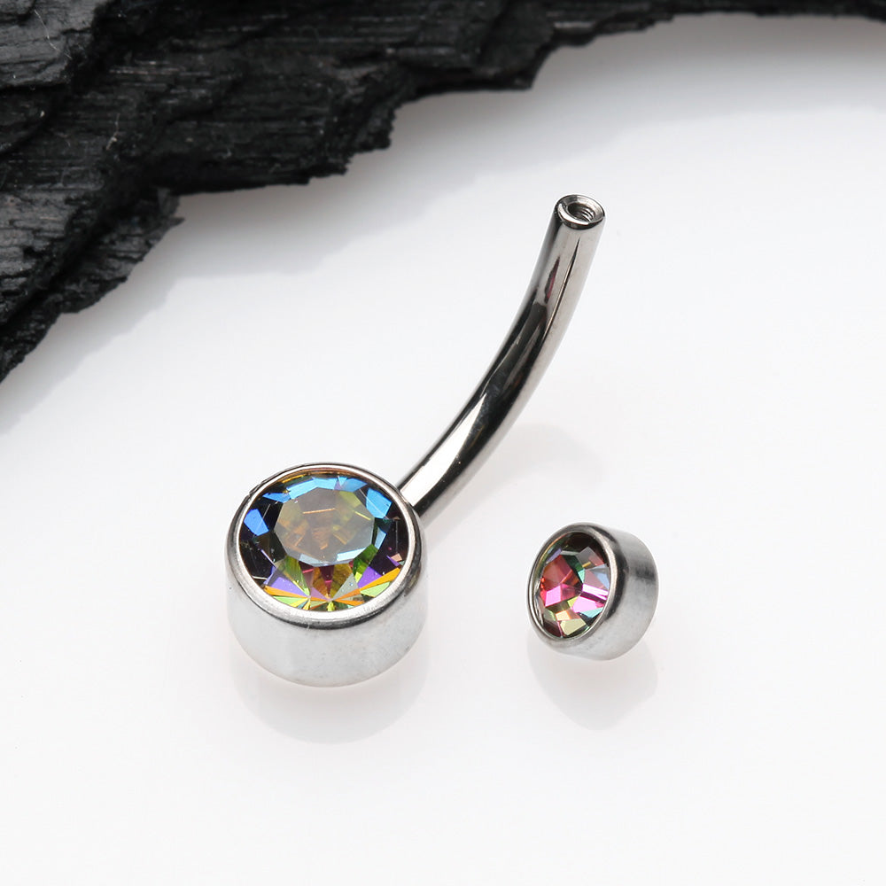 Detail View 3 of Implant Grade Titanium Internally Threaded Bezel Set Gem Belly Button Ring-Vitrail Medium