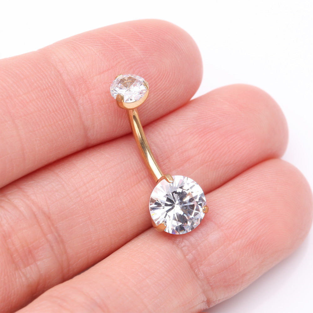 Detail View 3 of Implant Grade Titanium Golden Internally Threaded Prong Set Belly Button Ring-Clear Gem