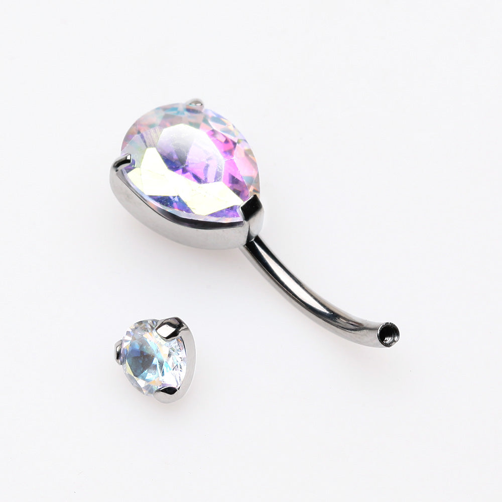 Detail View 3 of Implant Grade Titanium Internally Threaded Teardrop Prong Set Belly Button Ring-Aurora Borealis