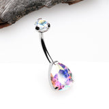 Detail View 2 of Implant Grade Titanium Internally Threaded Teardrop Prong Set Belly Button Ring-Aurora Borealis