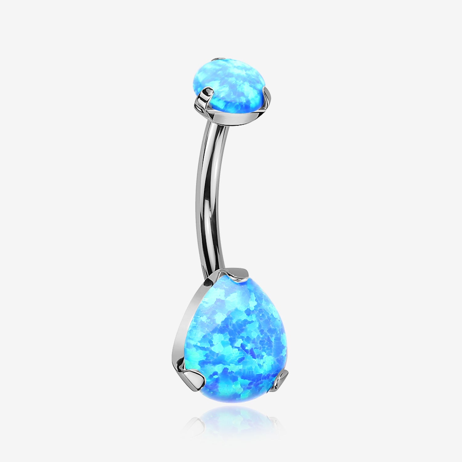 Implant Grade Titanium Internally Threaded Teardrop Opal Prong Belly Button Ring-Blue Opal