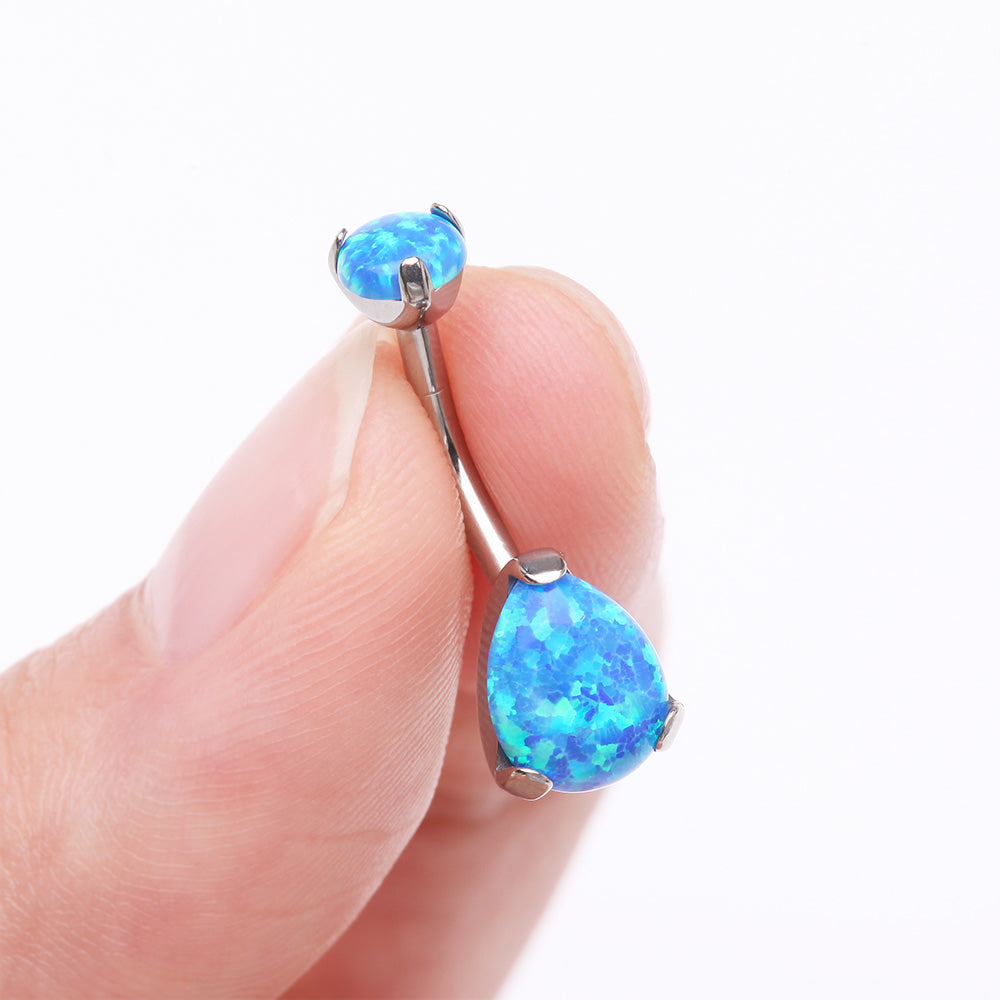 Implant Grade Titanium Internally Threaded Teardrop Opal Prong Belly Button Ring