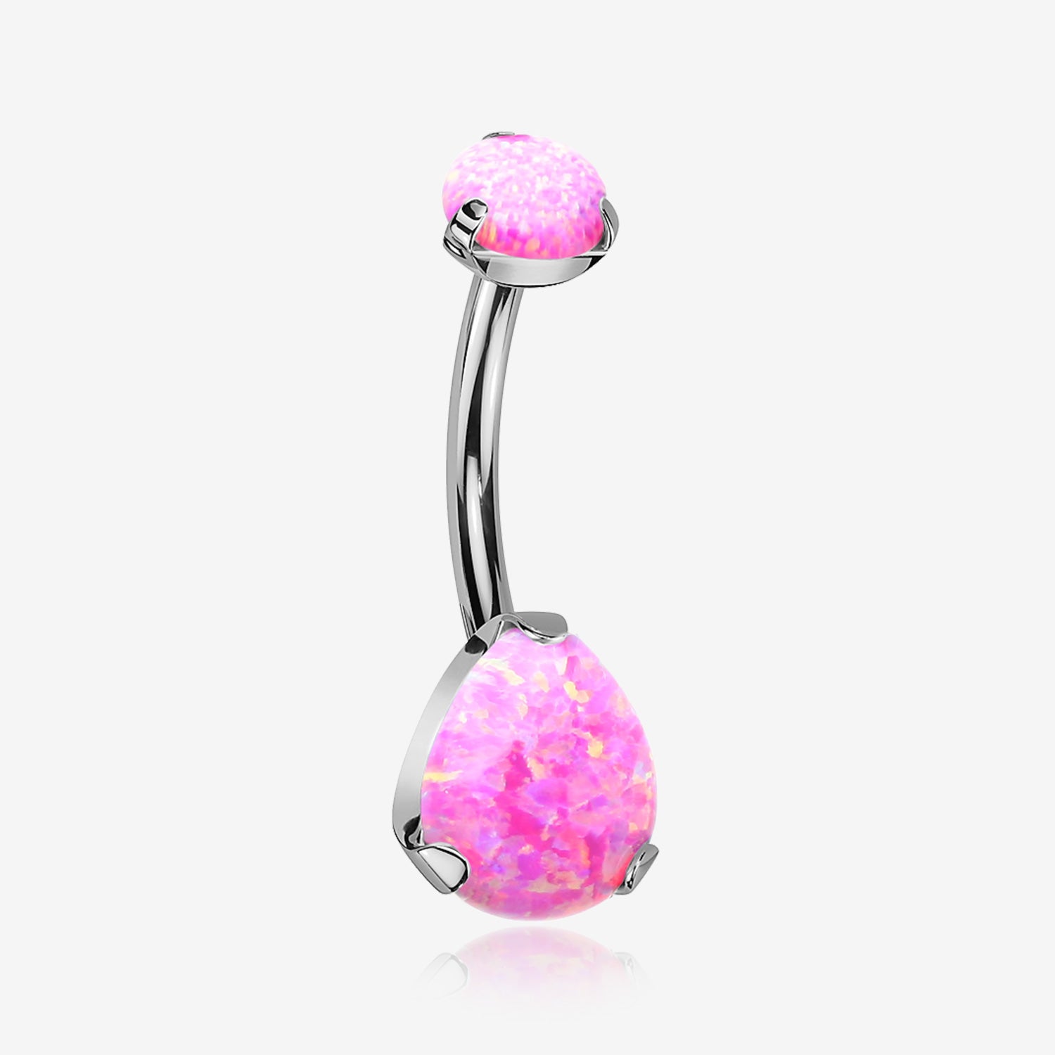 Implant Grade Titanium Internally Threaded Teardrop Opal Prong Belly Button Ring-Pink Opal