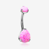 Implant Grade Titanium Internally Threaded Teardrop Opal Prong Belly Button Ring-Pink Opal