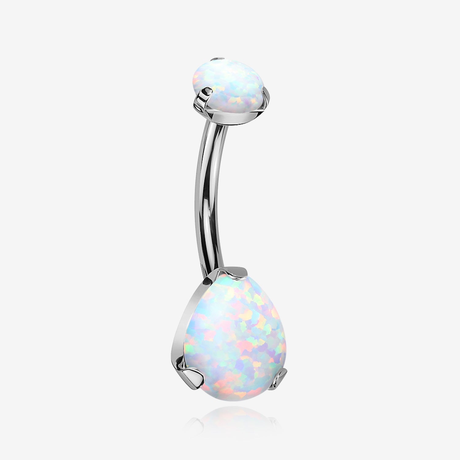 Implant Grade Titanium Internally Threaded Teardrop Opal Prong Belly Button Ring-White Opal